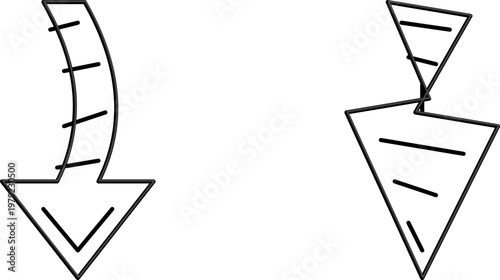 Hand-drawn pair of black outline downward pointing arrows with striped decorative internal pattern elements illustration
