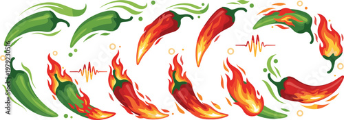 Hot Chili Pepper Flame Vector Illustration Set with Burning Spicy Peppers Fire Effect Dynamic Food Elements Collection