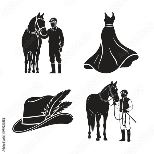 Elegant equestrian social event silhouettes including gowns and formal hats with equestrian