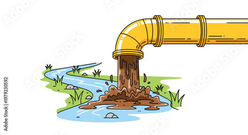 A bright yellow industrial pipe discharges dark brown sludge into a winding blue stream flowing through lush green grass with clean vector art aesthetics.