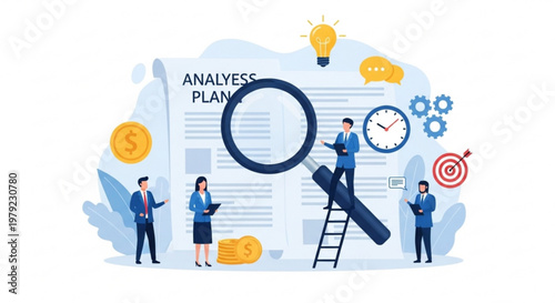 A vector graphic illustration of business professionals analyzing a plan with a magnifying glass and various symbols