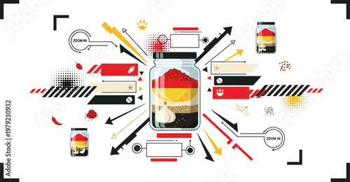 Spicy Sauce Jar Vector Illustration with Chili Ingredients Abstract Modern Composition Food Packaging Design Concept