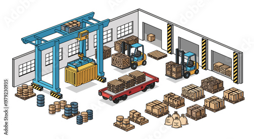 An isometric view of a busy warehouse interior features an overhead crane, forklifts, shipping containers, and wooden crates on a clean white background.