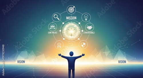 A vector graphic illustration of a person with arms outstretched towards a glowing vision board with mission and core values icons