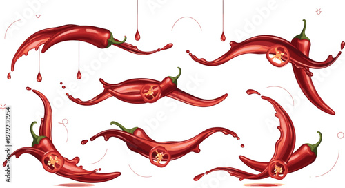 Chili Pepper Splash Vector Illustration Set with Red Hot Pepper Liquid Splash Dynamic Spicy Food Elements Collection