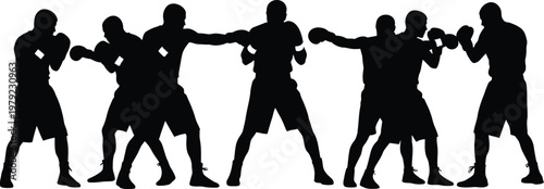 Graphic illustration of multiple boxers in dynamic action, embodying the powerful training and competitive spirit of combat sports