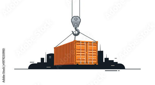 An industrial orange shipping container hangs suspended from a heavy steel crane hook above a stylized dark silhouette of a modern urban city skyline view.