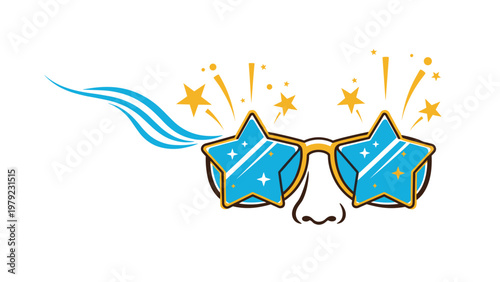 Stylish star shaped sunglasses with bright blue lenses and sparkling gold stars popping out from the top of the frame.