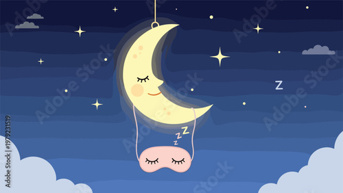 Peaceful night scene showing a smiling crescent moon wearing a pink sleep mask while floating among stars and clouds.