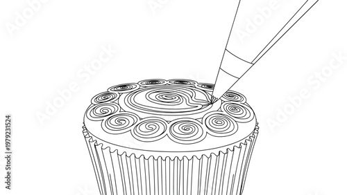 Outline drawing of a pastry bag piping intricate swirls of decorative icing onto the top of a delicious baked cupcake.