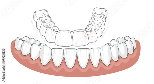 A clear illustration displays a set of human teeth with a removable transparent aligner tray hovering above with arrows indicating the proper adjustment.