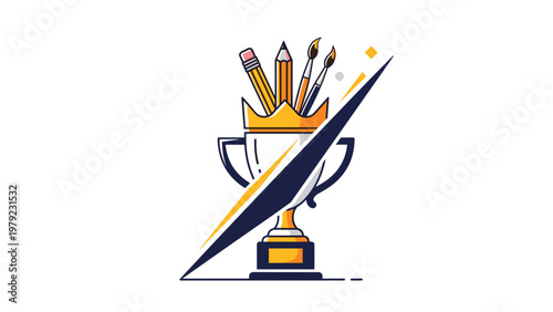 Silver trophy cup decorated with a golden crown and filled with various pencils and paintbrushes for creative success.