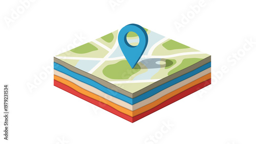 Isometric map slice showing terrain layers with a blue location pin placed in a green park area near a river or lake.