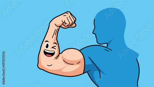 Animated muscular arm with a smiling face winking while flexed in front of a blue silhouette of a healthy human body.
