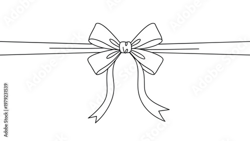 Simple black and white line drawing of a decorative ribbon tied into a elegant bow suitable for gift wrapping design.