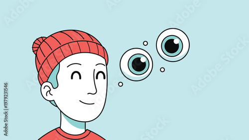 Cartoon man with a red beanie looking towards two large floating eyeballs against a light blue background scene.