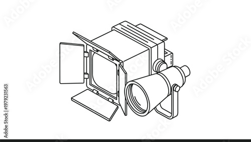 Technical line drawing of a professional movie studio spotlight with barn doors for controlling light on a film set.