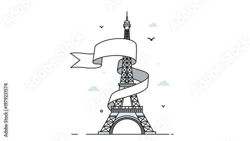 Eiffel Tower landmark in Paris wrapped in a long flowing blank white banner with birds flying in the sky under soft clouds.