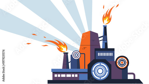 Stylized industrial factory building with smoke chimneys emitting flames against a backdrop of sunbeams or searchlights.