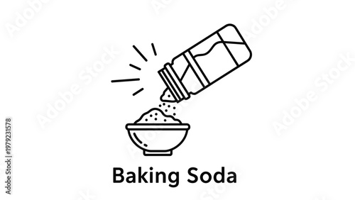 Baking soda being poured from a glass jar into a small ceramic bowl for cooking or cleaning uses around the home.
