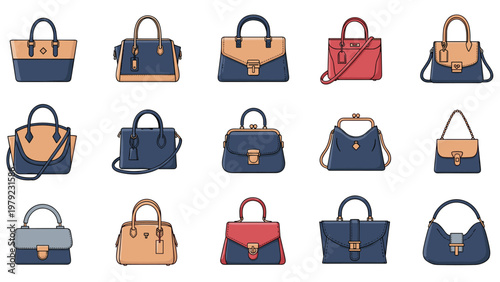 Selection of stylish women's handbags in various colors and designs shown in a clean grid layout for fashion retail.