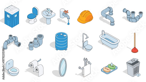 Isometric icons for plumbing and bathroom design including toilets, sinks, bathtubs, pipes, and various fixtures.