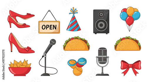 Assorted collection of colorful icons including red high heels, an open sign, party hat, speaker, balloons, tacos, and microphones.