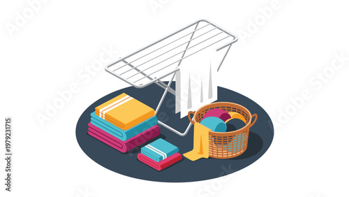 Isometric view of laundry day featuring a drying rack with a white sheet, stacks of colorful folded towels, and a basket of clothes.