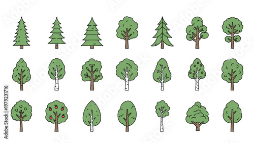 Comprehensive grid of various tree species illustrated in a simple green and brown style showing different shapes and sizes.