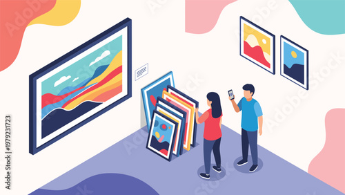 Couple visiting an art gallery observes colorful landscape paintings on the walls and stacks of framed artwork on the floor.