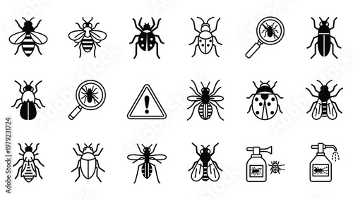 Extensive collection of black and white insect icons including bees, beetles, spiders, flies, and pest control related symbols.