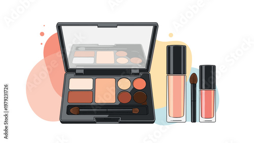 Professional makeup kit includes a black palette with various shades, lip gloss tubes, and a small brush for application.