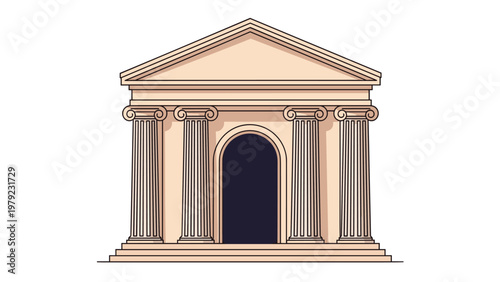 Symmetrical illustration of a classical ancient building featuring four fluted columns, a pediment, and a dark arched entrance.