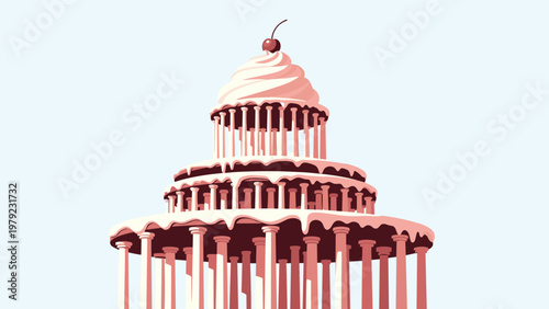 Creative illustration depicting the United States Capitol building dome designed to look like a tiered cupcake topped with a cherry.