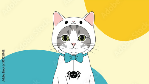 Adorable gray and white cat wearing a white cat-themed hoodie with a small spider hanging from a teal bow tie.