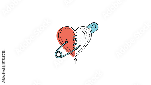 Stylized heart divided into red and white halves is held together by stitches and two large safety pins on a plain background.