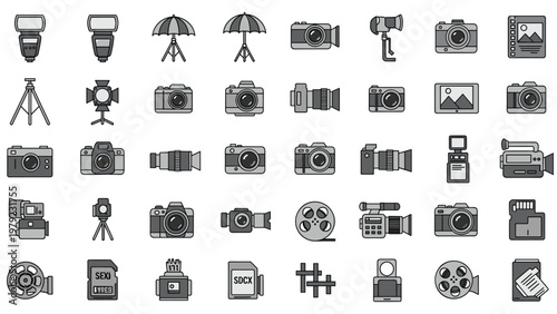 Large collection of photography equipment icons including various cameras, lenses, tripods, flashes, and memory cards in gray tones.