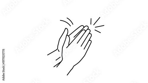 Pair of human hands are shown in a clapping gesture with motion lines indicating sound or applause in a simple line art style.