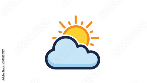 Colorful weather icon depicting a bright yellow sun with orange rays peeking out from behind a soft blue cloud with dark outlines.