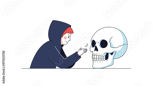 Character wearing a dark hooded jacket looks curiously at a large human skull resting on a table in a clean illustration.