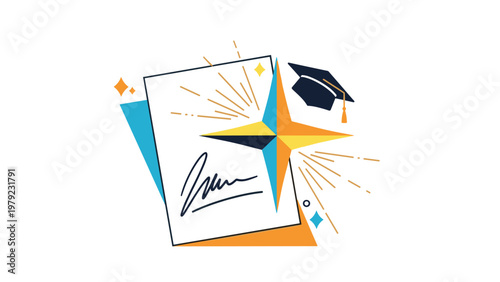 Festive graduation scene features a signed diploma document, a four-pointed star, and a black mortarboard cap with golden elements.