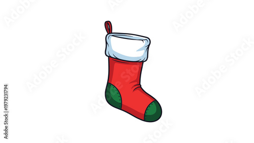 Traditional red and green Christmas stocking with a white fuzzy top and a small loop for hanging is shown isolated.