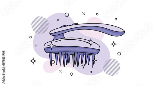 Purple scalp massage brush with a handle and long bristles designed for hair care and relaxation on a decorative background.
