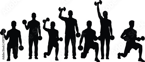 Dynamic silhouettes performing diverse strength training with dumbbells, showcasing various fitness exercises and active healthy lifestyles