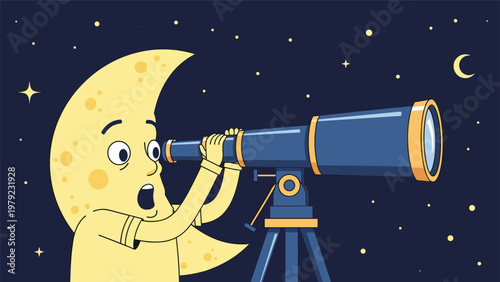 Crescent moon character with a shocked expression looking through a telescope at the stars in the dark blue night.