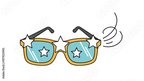 Fun yellow glasses with star-shaped decorations on the frames and lenses on a clean white background illustration.