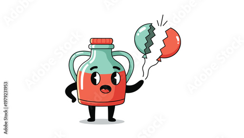 Cute cartoon green pitcher character looking shocked as a red and green balloon pops in front of it in a fun party illustration.