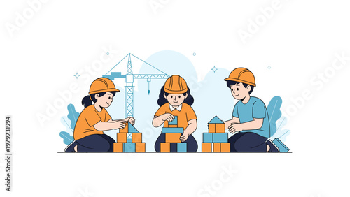 Three diverse children wearing safety hard hats playing with colorful building blocks in front of a construction crane silhouette.