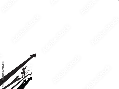 Businessman standing on arrows looking through a telescope isolated on white background