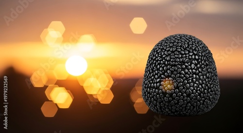 Textured Dark Egg-Shaped Object with Golden Spot Illuminated by Warm Sunset Bokeh Glow